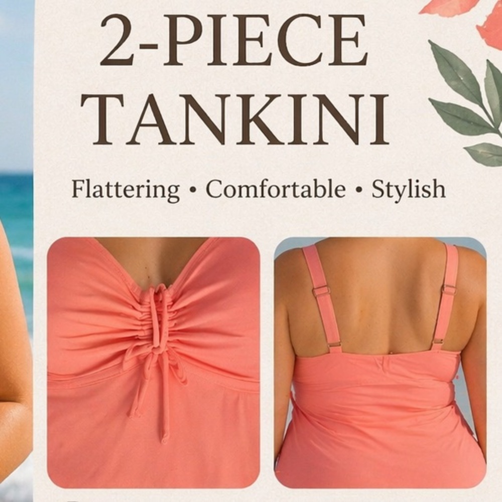 Coral Pink Tankini Set XXL Tropical Shorts Ruched Top Swimwear - Picture 3 of 4
